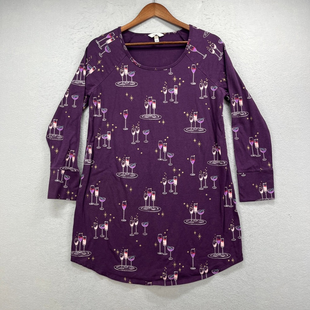 Soma Nightshirt Women Medium Purple Champagne Glass Lounge Long Sleeve Sleepwear